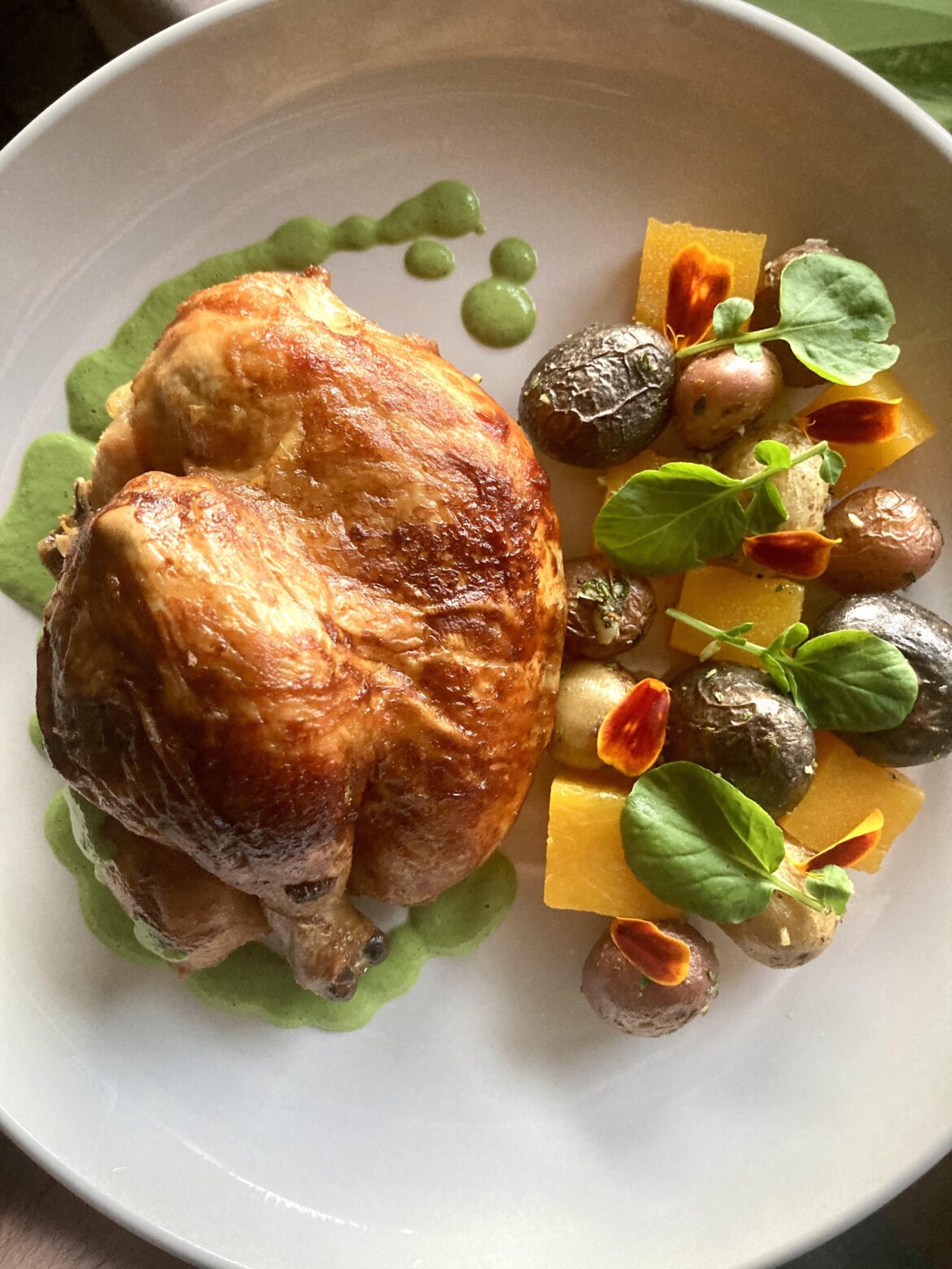 (Home Cook)Roasted Chicken + Aji Verde + Marble Potatoes + Butternut squash + Watercress + Marigolds.    (A homage to Peruvian cuisine)