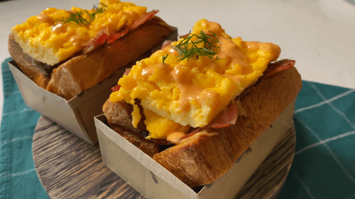 Korean Sandwich with Eggs, Bacon and Cheese & Spicy Sauce (Recipe in Comments)