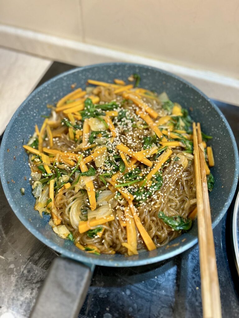 My very first attempt at cooking Japchae! I didn’t have mushrooms or beef, so I replaced them with grilled chicken.