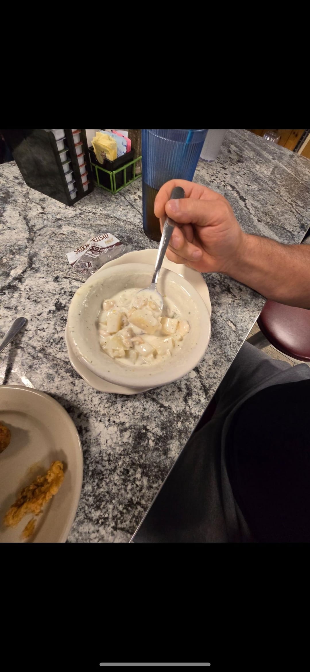 Fried clam belly, fried scallops and fried Haddock and Clam Chowder