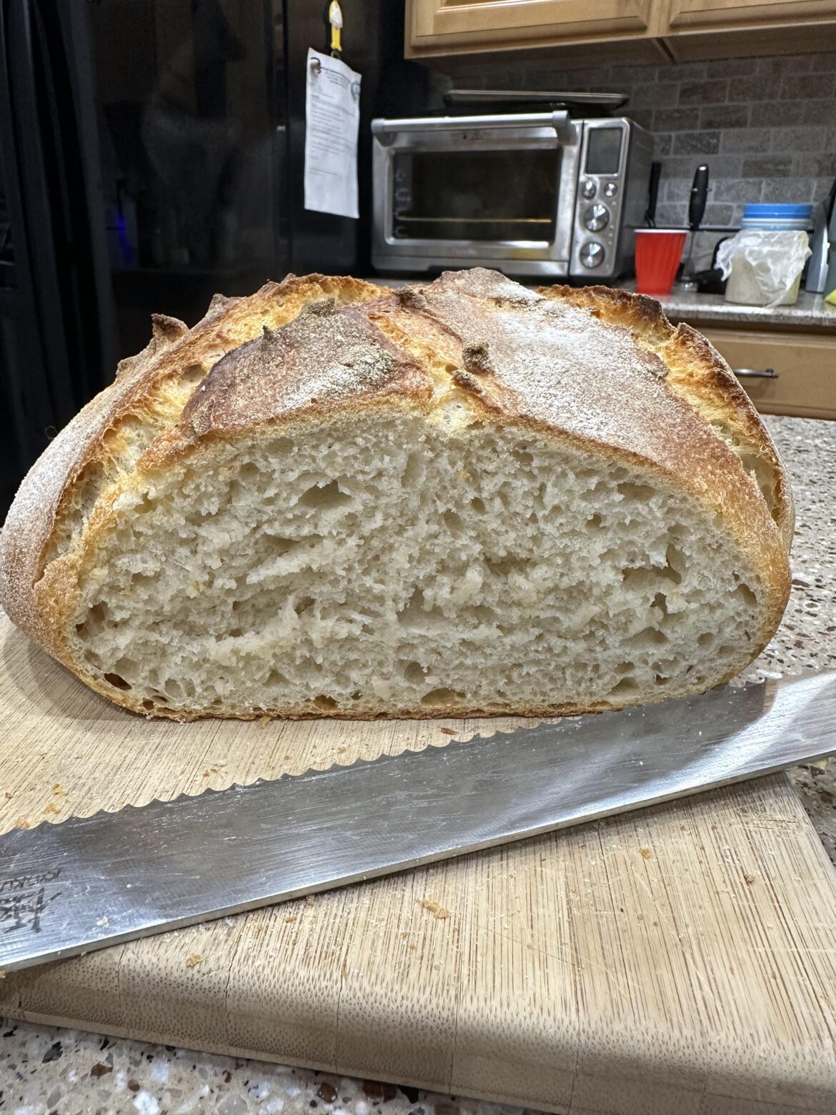 I think I finally nailed my perfect loaf. Now I need to find a way to store it so the crust is as crispy the next day as it is now. That is if I don’t eat the whole thing tonight.
