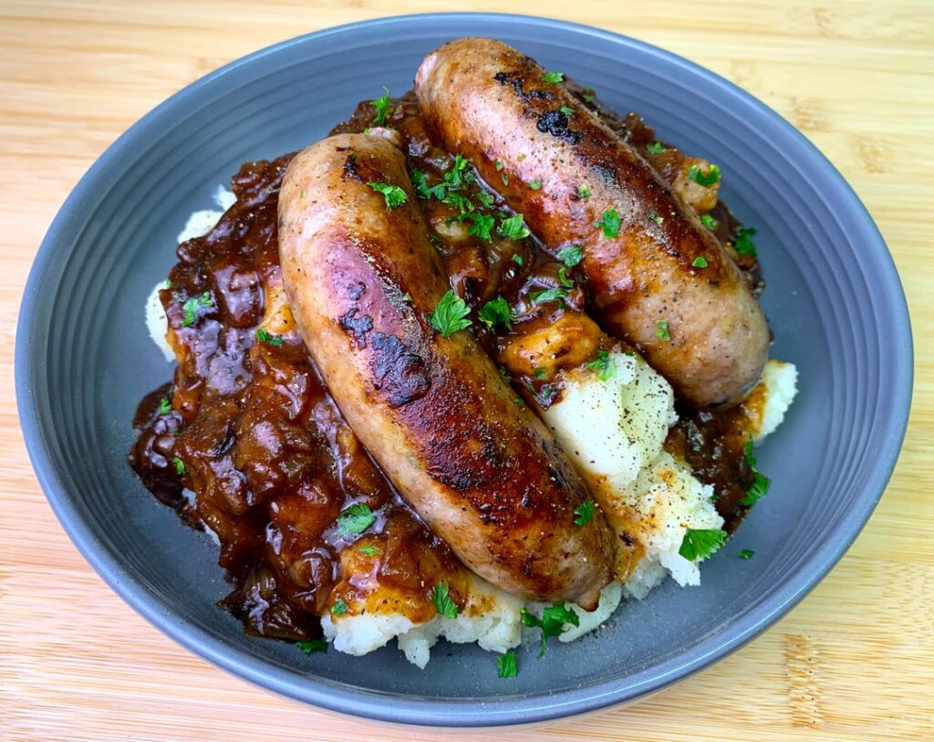 Homemade Sage Sausages with Mash and Onion Gravy