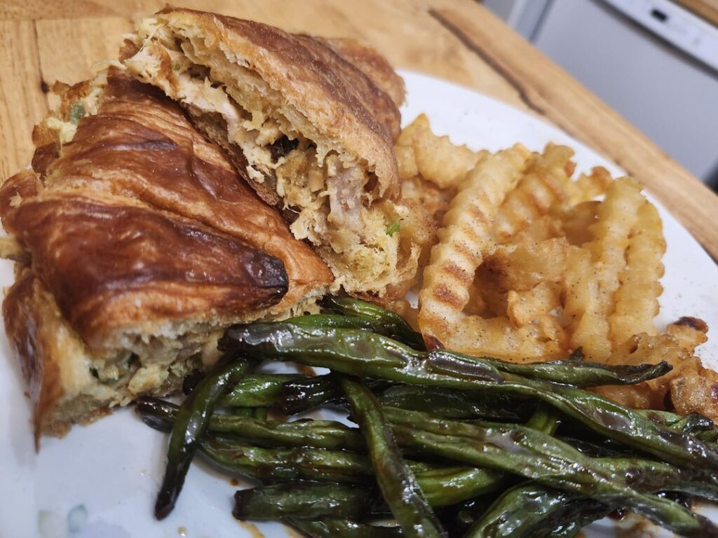 Must be chicken salad night! Curried Chicken Salad Croissant with Crinkle Fries and Teriyaki Green Beans
