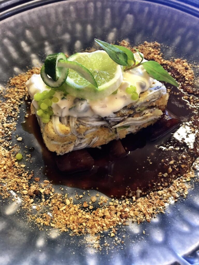 Whitebait fritter, wasabi pearls , lime mayo