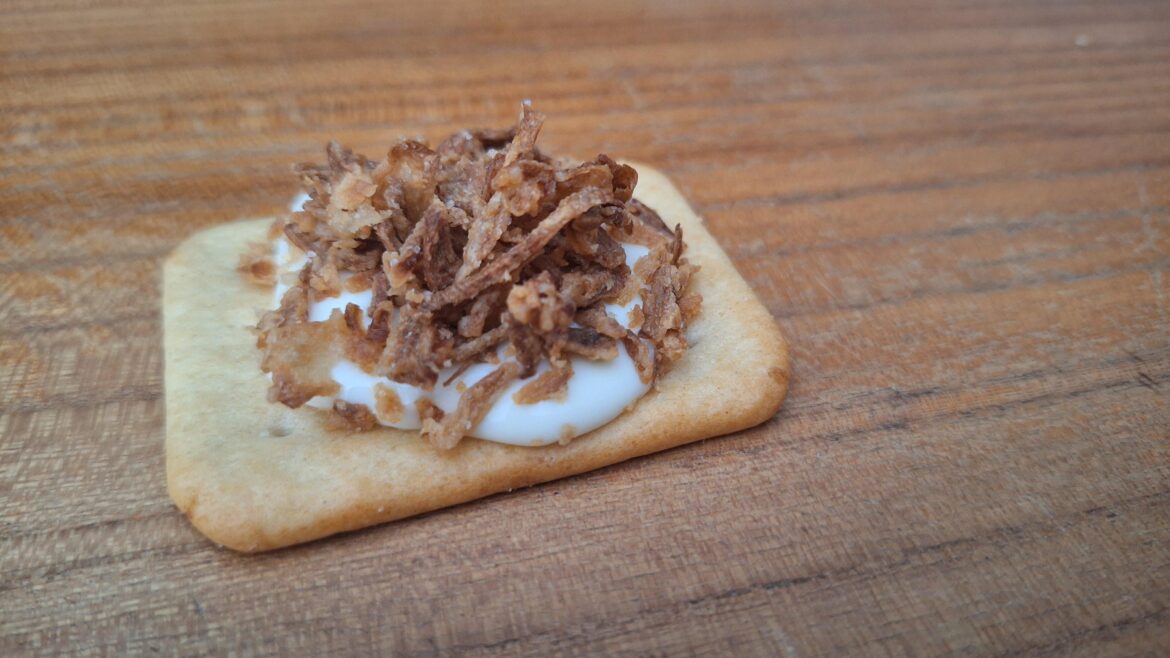 Cheese spread on cracker with a touch of roasted onion