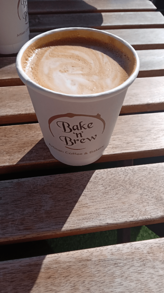 Nice creamy coffee from our local coffee shop Bake and Brew