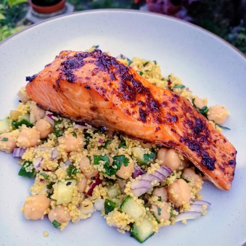 Harissa Trout with Lemon Cous Cous