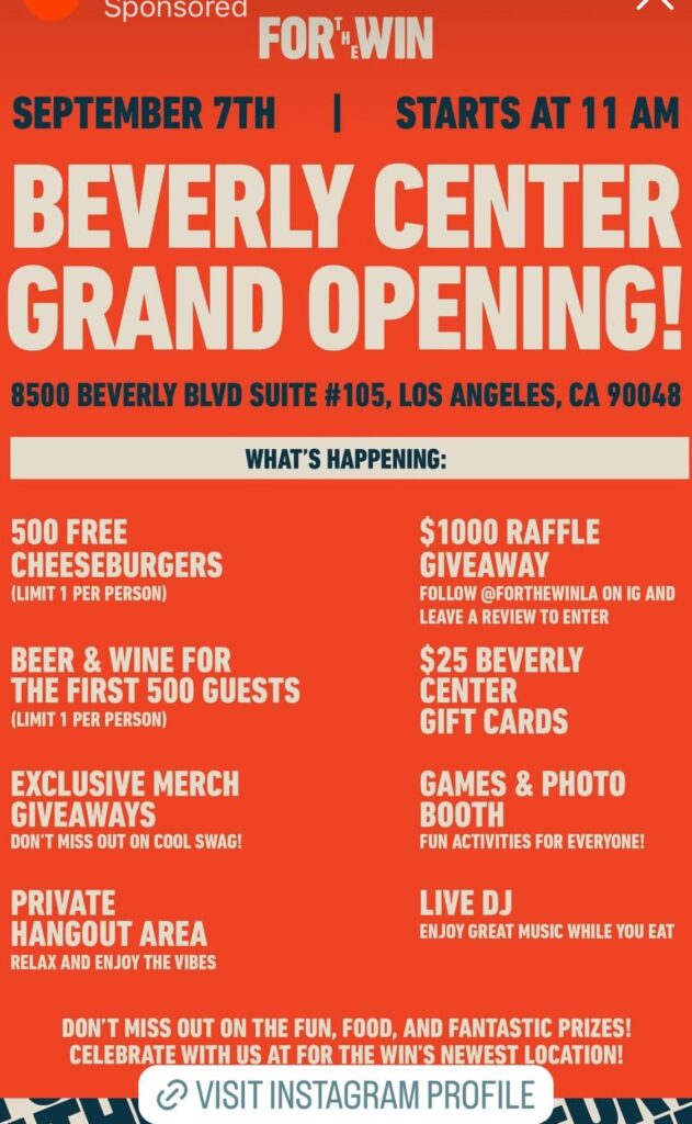 For the Win Beverly Center to open Sept 7