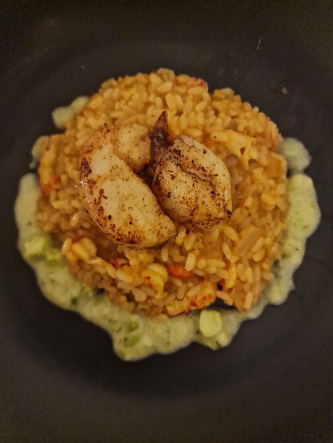 Lobster risotto, spring onion vinaigrette, scallops