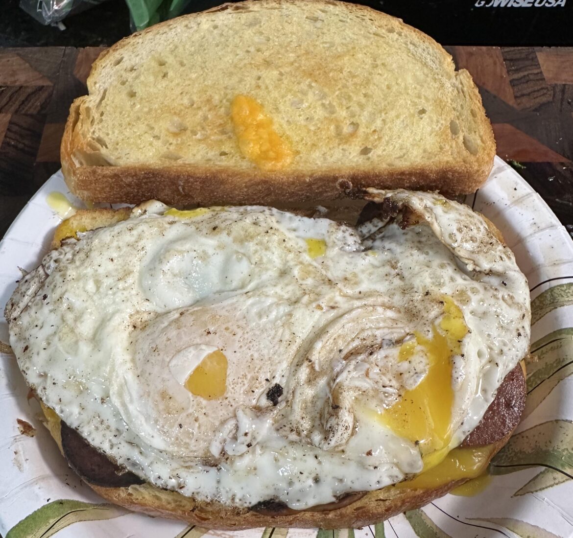 Spam, eggs, and cheese on sour dough.