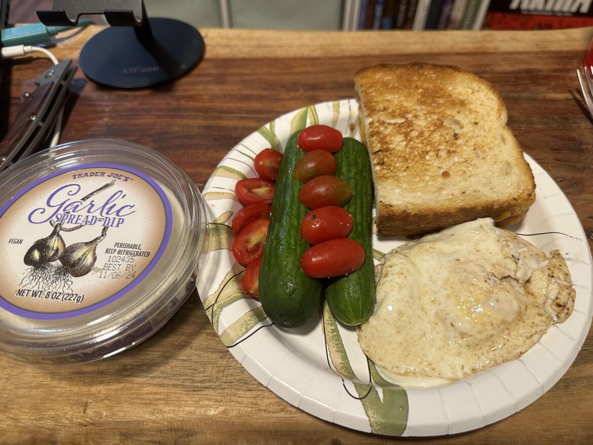 Eggs, grilled cheese, and cukes and maters with garlic dip.