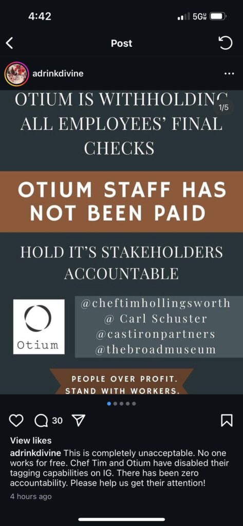 Otium has not paid out their employees their final check