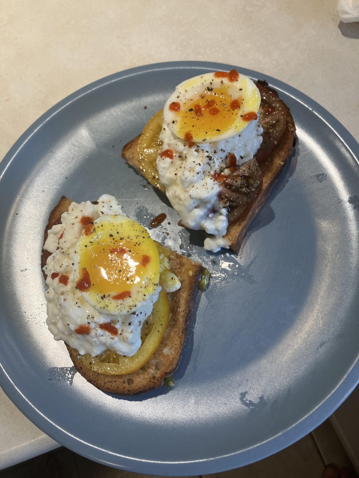 Sourdough toast, heirloom tomato, cottage cheese, soft egg