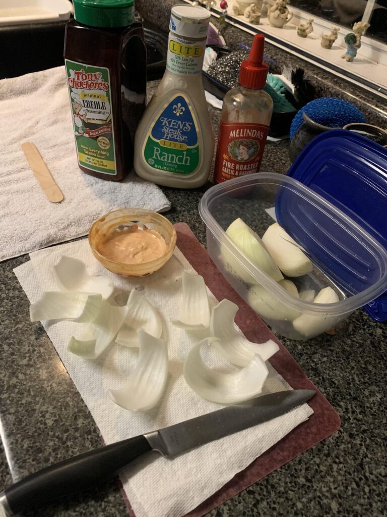 Raw onions dipped in ranch
