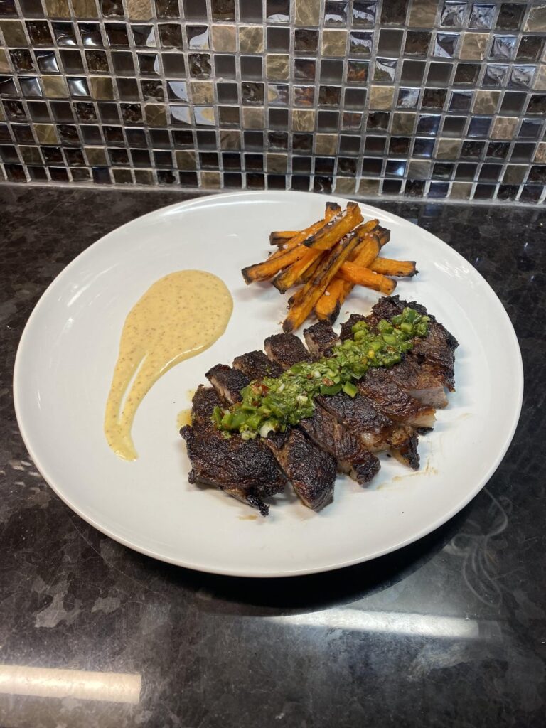 Rib Steak and Chimichuri w/ Oven Roasted Sweet Potato Fries and a Honey Dijon Spicy Mayo // Butternut Squash Ravioli, Shrimp, and a Shallot and Cremini Mushroom Cream Sauce