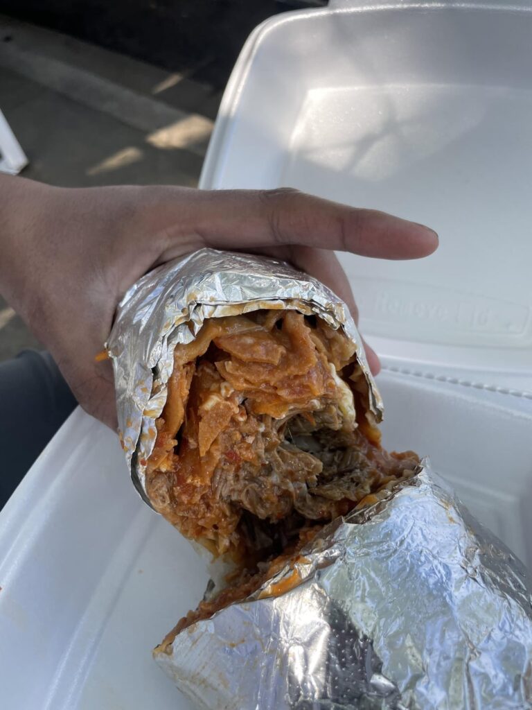 [Carnitas Los Dos Chingones] Chilaquiles Burrito and Plate