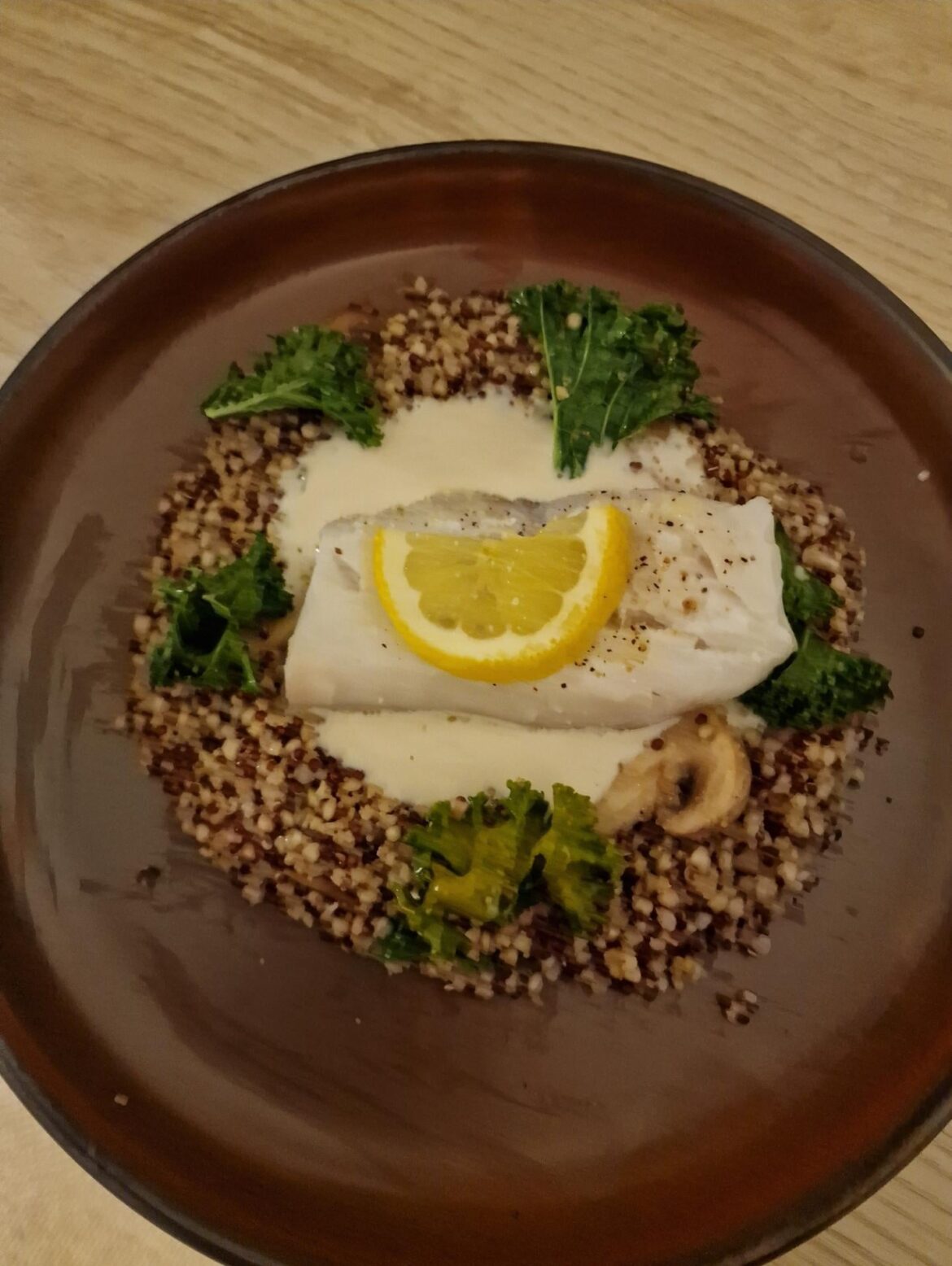 Mushroom and spinach Quinoa, Cod and white wine sauce