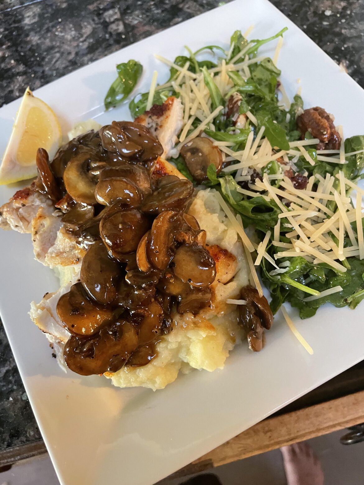 Chicken with creamy mushroom sauce and Arugula salad with some nuts and crabs