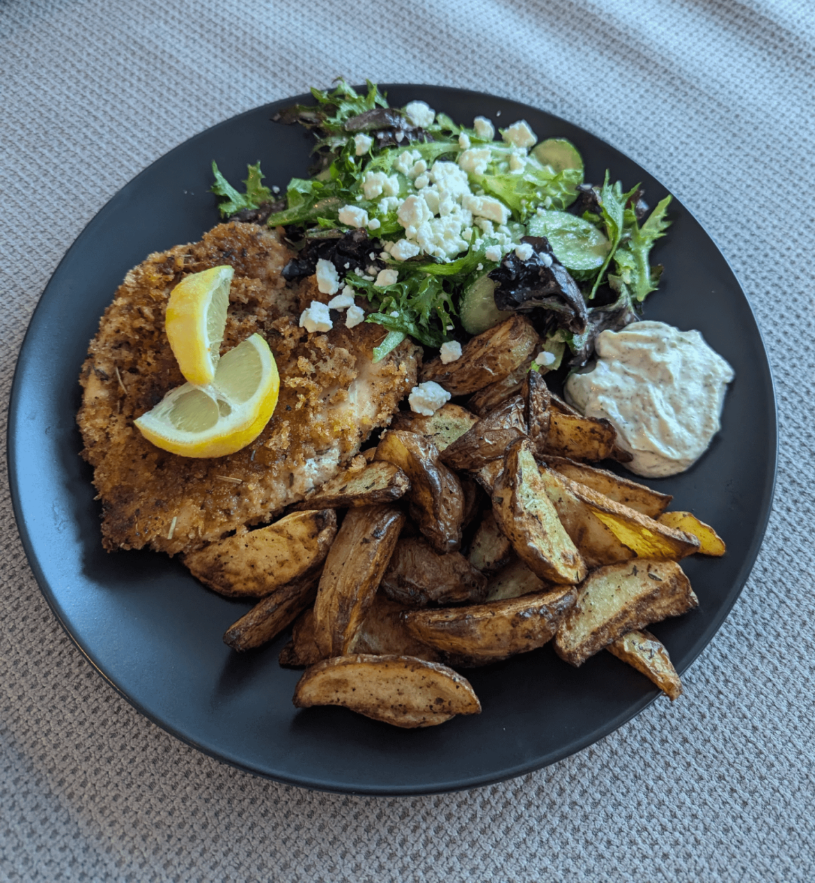 Lemony Panko- Crusted Chicken with Roasted Potatoes and Creamy Dill Sauce.