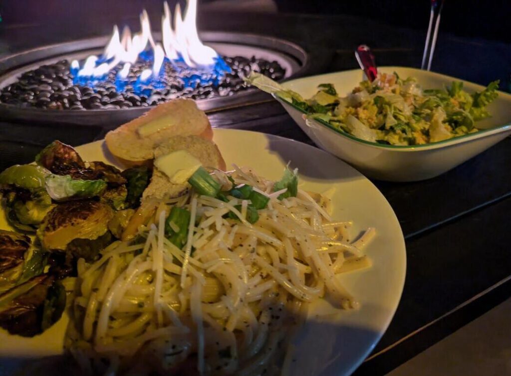 Creamy spaghetti with brussel sprouts (paid extra for shrimp and salad) 10/10