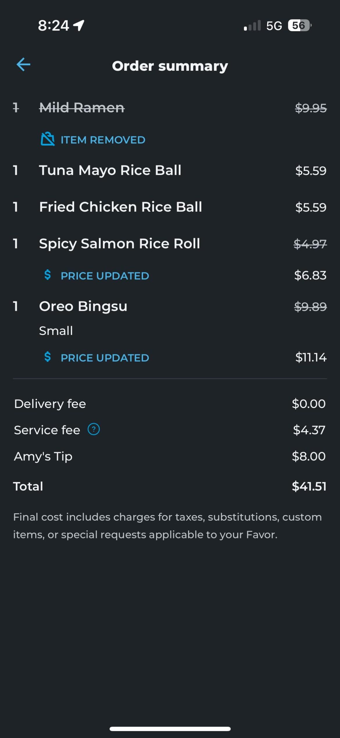Favor Menu Price Discrepancies