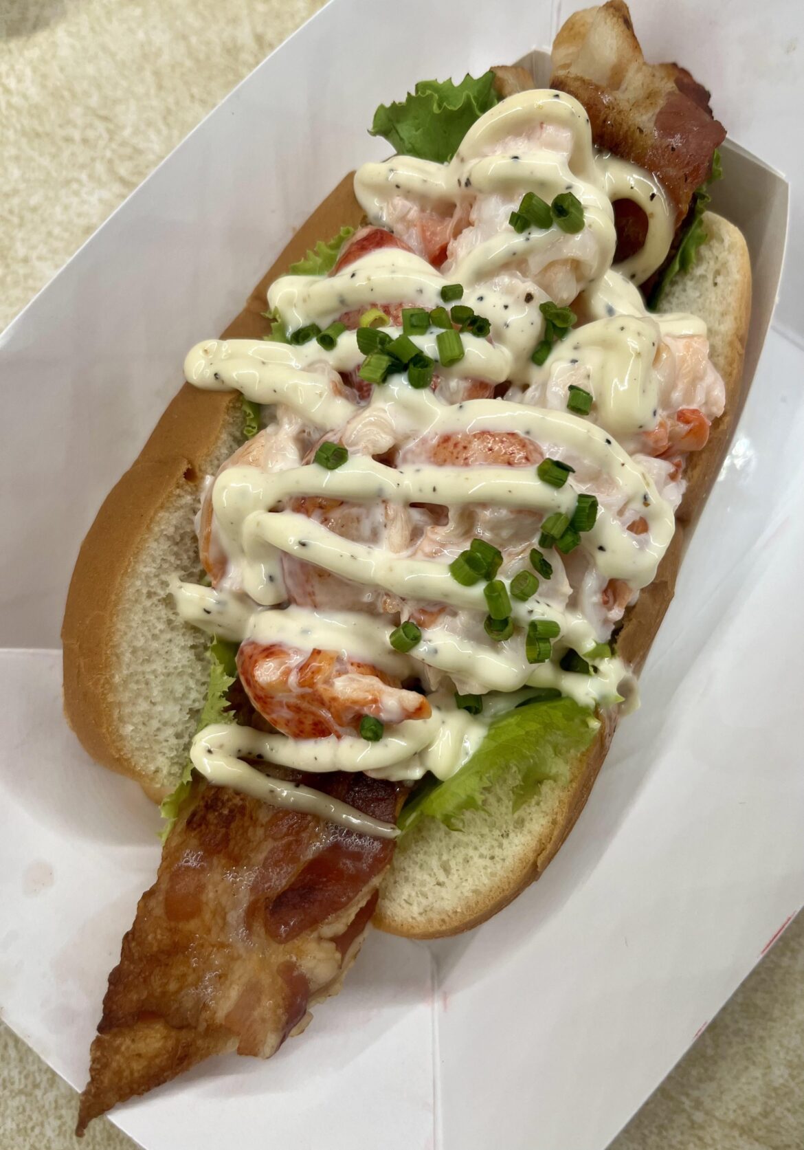 Wife drove to Maine for the day and brought me back a perfect lobster roll with lemon-truffle aioli, chives, and bacon.