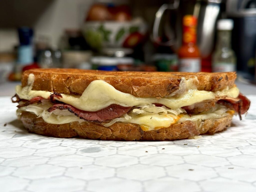 Pastrami melt on rye Pastrami melt on rye