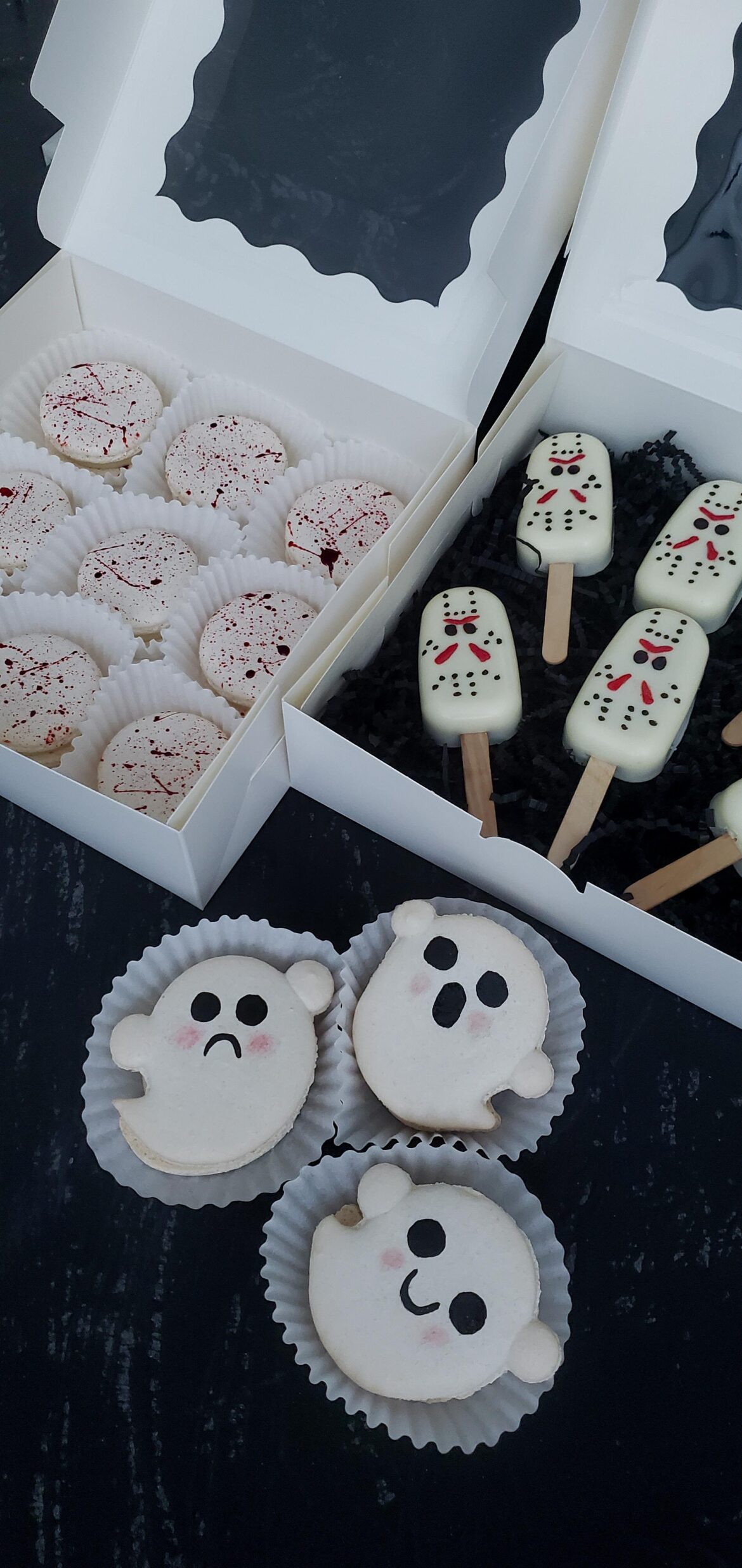 Ghost and Blood Splattered Macarons along with some Jason Cakesicles... It's the best time of the year!