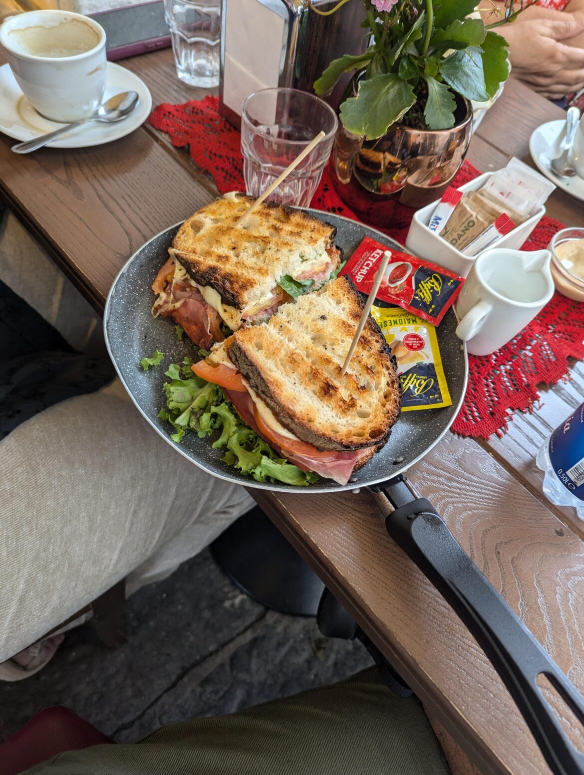 A sandwich in a frying pan.