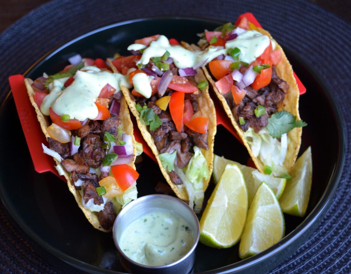 398 cal, 28 g protein for the entire plate of Beyond steak tacos with lime cilantro avocado crema.