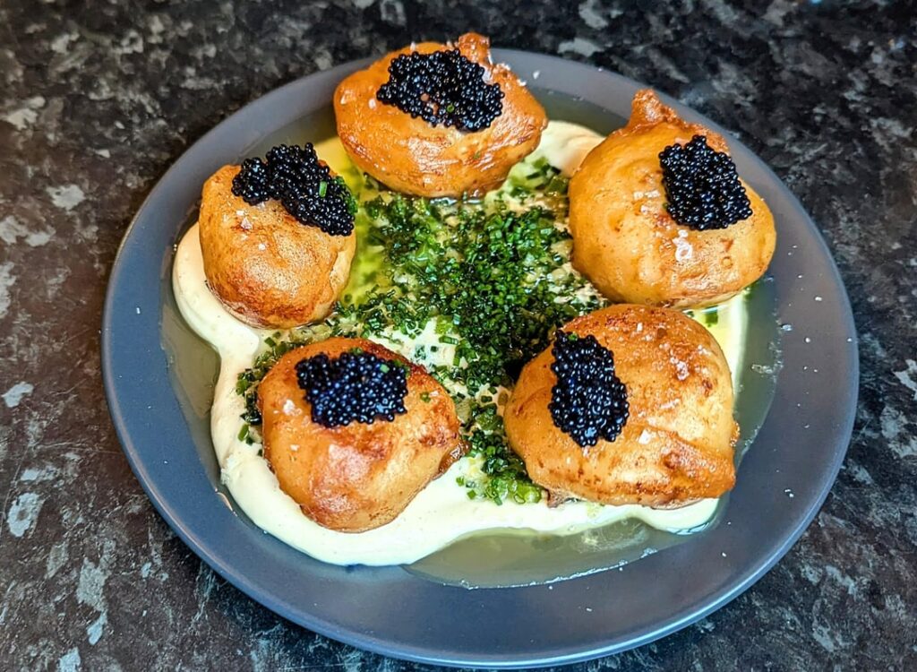 Battered scallops, homemade Kewpie, jalapeno