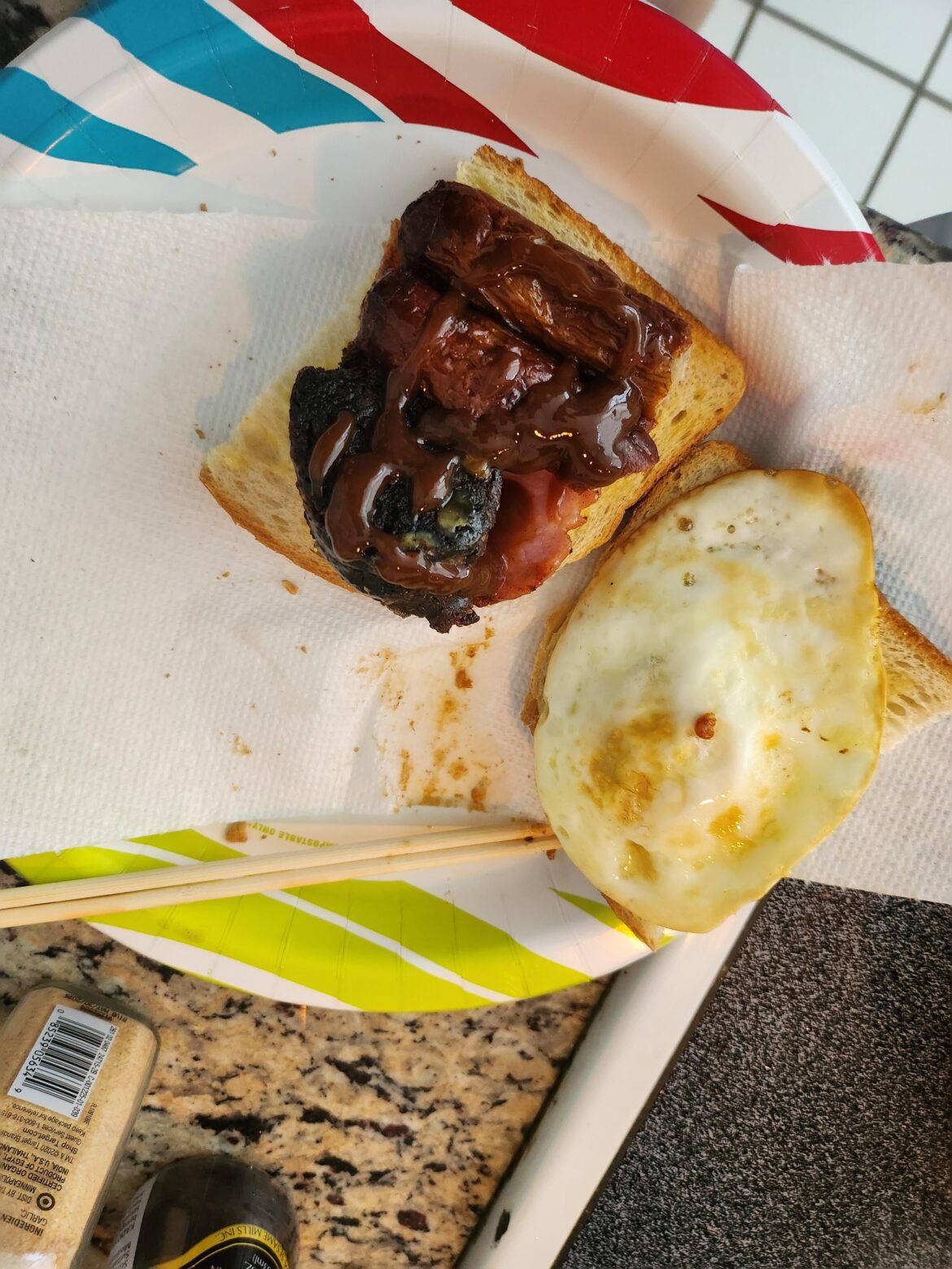 Used leftover meats from a fry up to make a breakfast sandwich