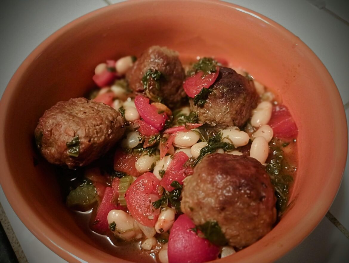 Tuscan white bean stew w/vegetarian 'meatballs'