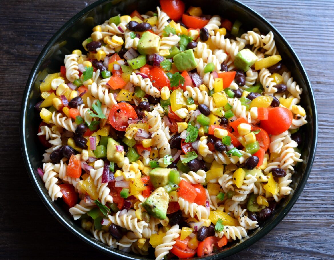 (374 cal, 25 g protein) pasta salad with chili lime vinaigrette