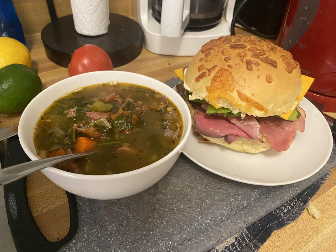 Roast beef sandwich with smoked turkey soup