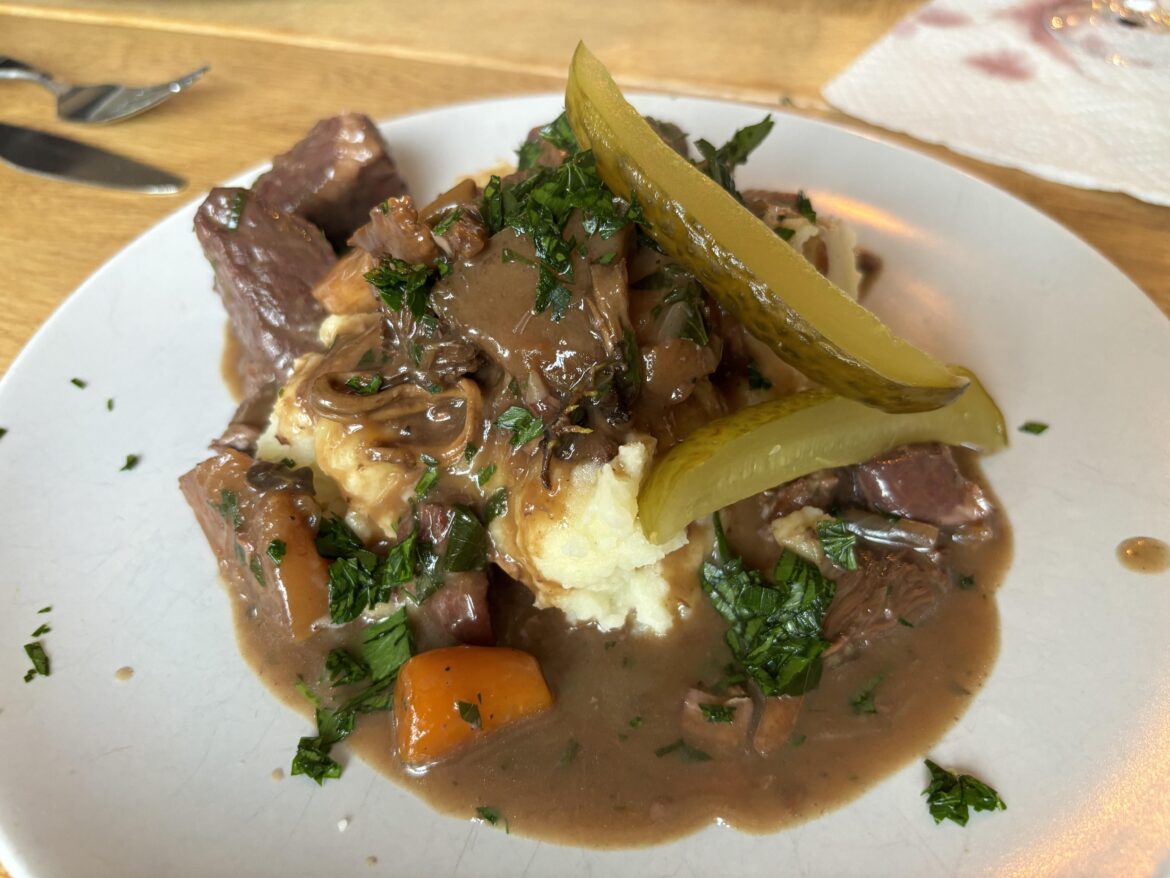Boeuf Bourguignon with assorted mushrooms and pickles