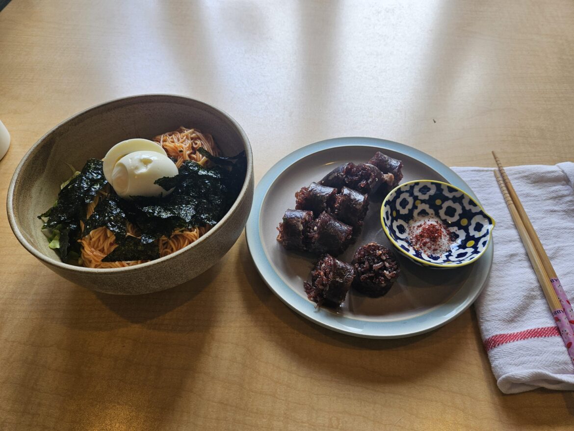 Soondae and bibim guksu for lunch