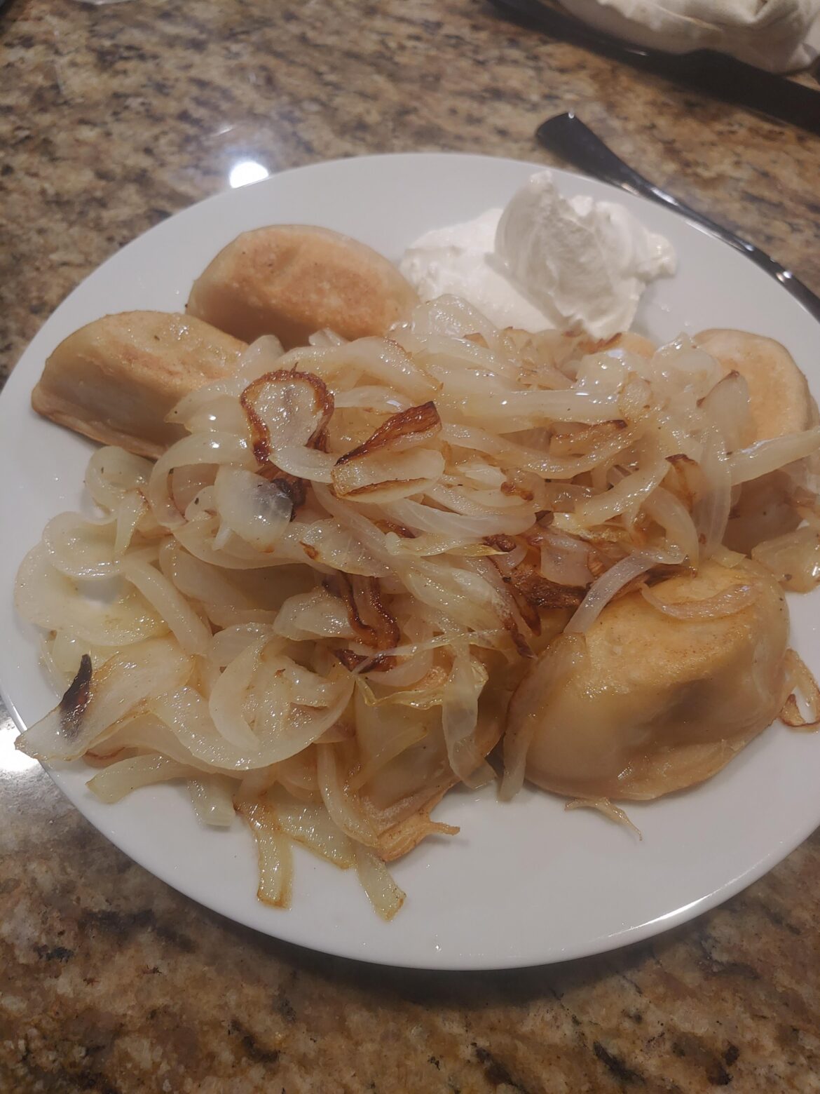 Today is homemade cheese onion potato pierogi with side of onion