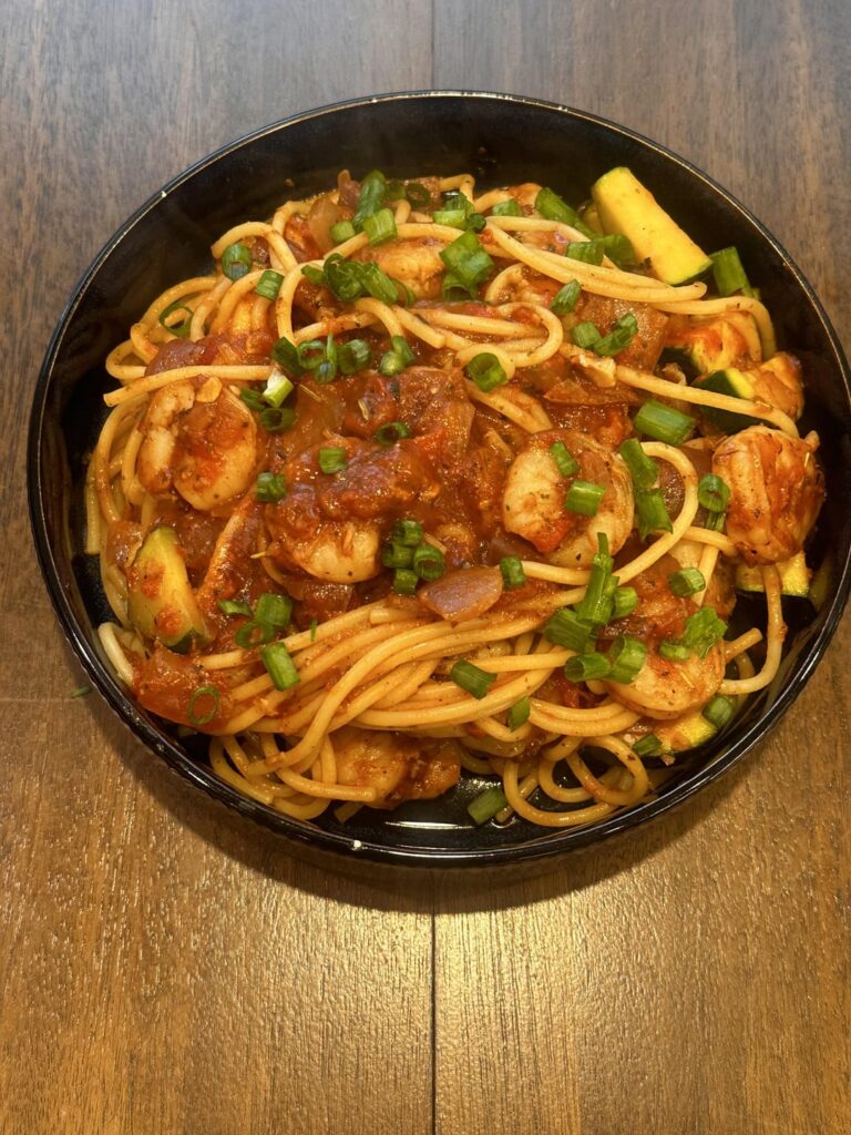 Shrimp Spaghetti with Tomatoes and Zucchini