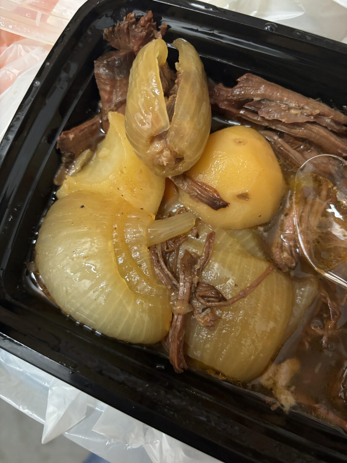 My work lunch Pot roast serving with a whole azz onion (I ate most of it already)