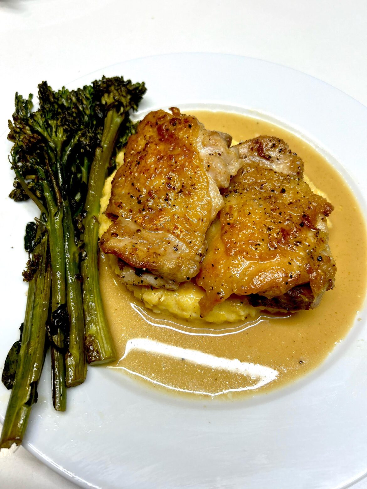 Chicken with White Wine Pan Sauce, Polenta, and Broccolini
