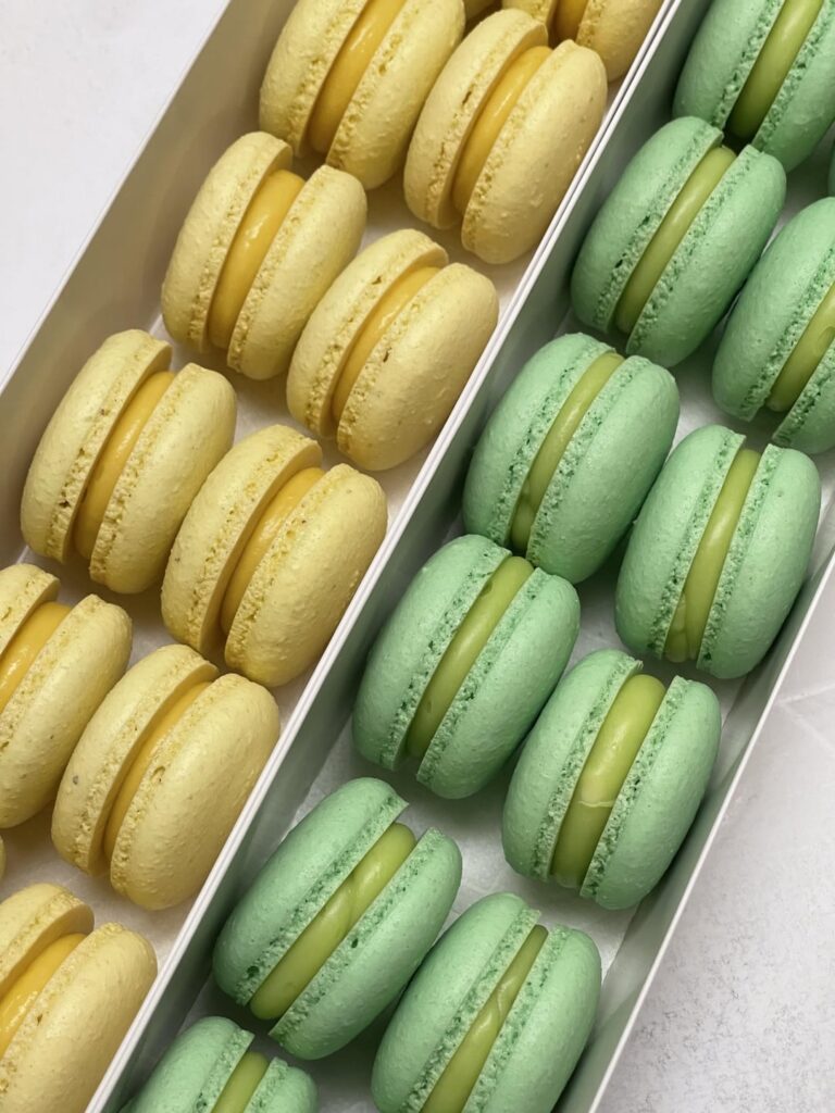Mango Ganache and Coconut Pandan Ganache Macarons