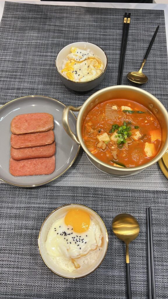 Homemade kimchi jiggae with spam ham
