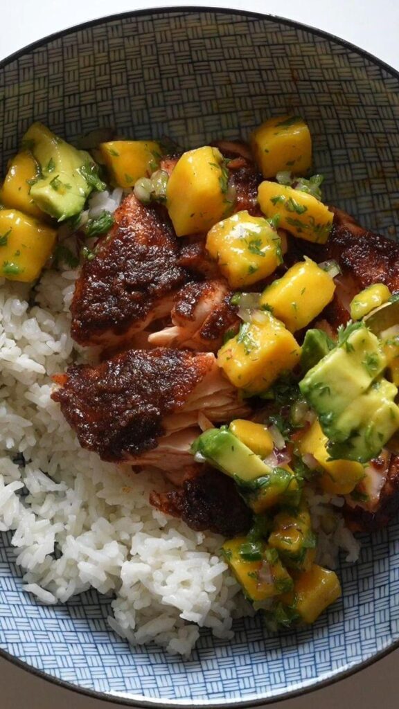 BBQ Salmon Bowls with Mango Avocado Salsa