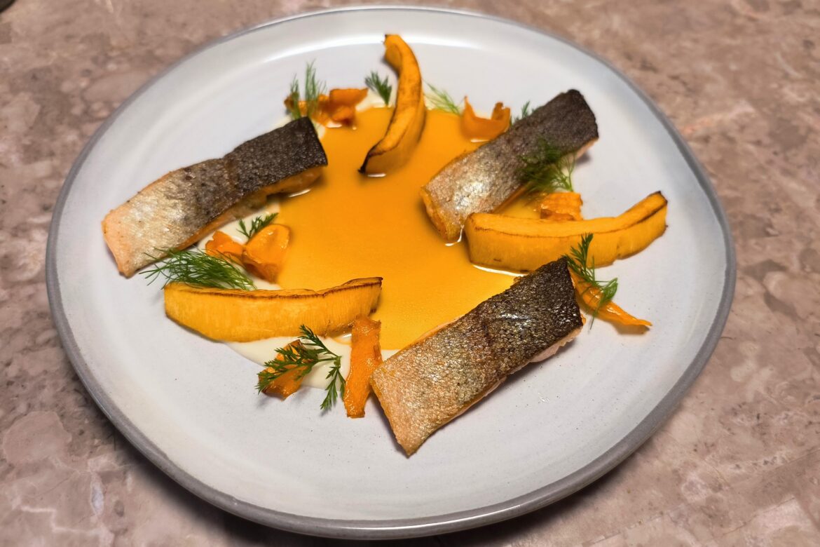 (Homecook) Pan seared trout, roast pumpkin, fennel puree, fried carrot, and carrot infused jus