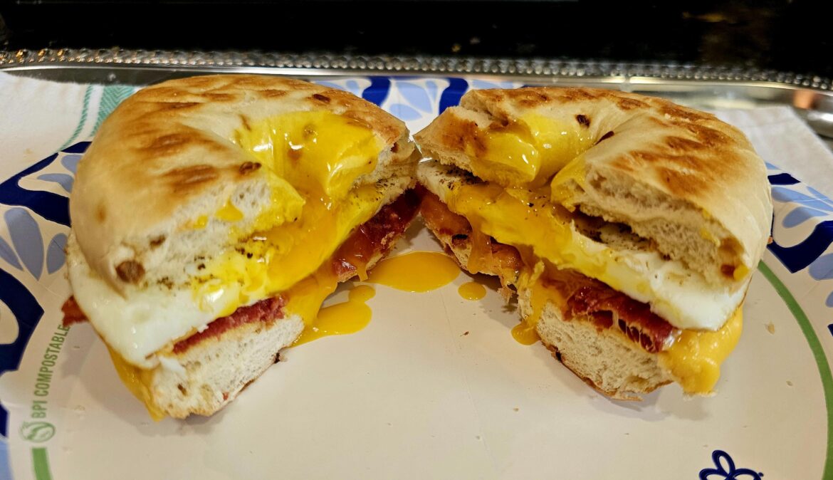 Bacon egg and cheese on onion bagel