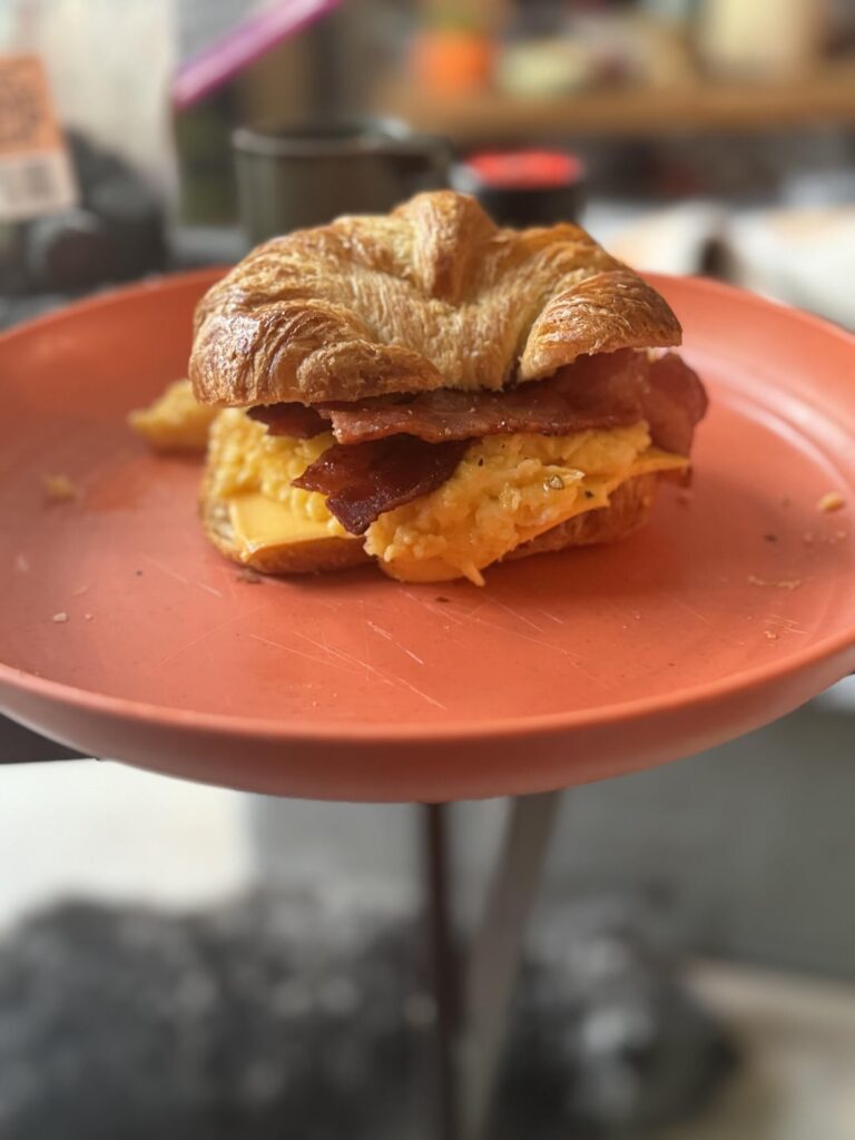 Classic bacon, egg, and cheese on a croissant