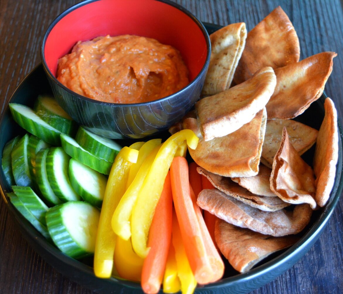 (344 cal, 25 P) Eggplant harissa dip with pita chips, cucumbers, carrots, bell pepper