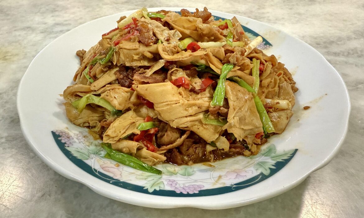 Hearty and satisfying keto dish, Asian cooking style. Sautéed Foo Chok (Yuba) with pork belly.