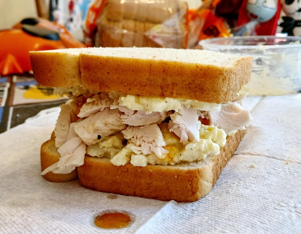 Chopped turkey breast, potato 'n egg salad, hot sauce. 🤌👌
